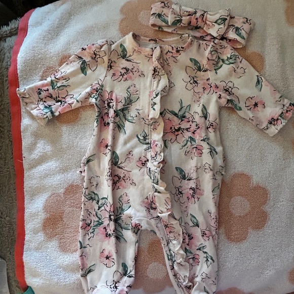 Little Me Pink Floral One Piece with Headband - Picture 2 of 4